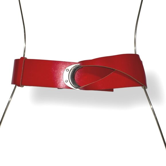 Vintage Crescent Buckle Wide Leather Hip Belt OS Statement 80s 90s Sash Loop - Picture 2 of 5